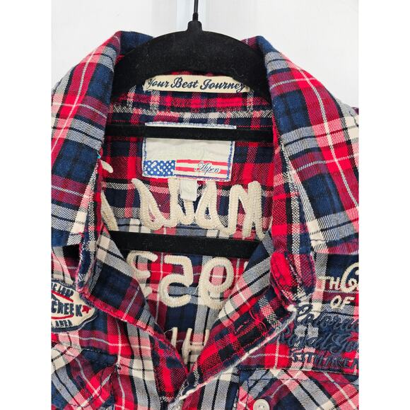 POP USA Flannel Shirt S Embroidered Patches Arkansas River Aspen CO Campground - Picture 2 of 6